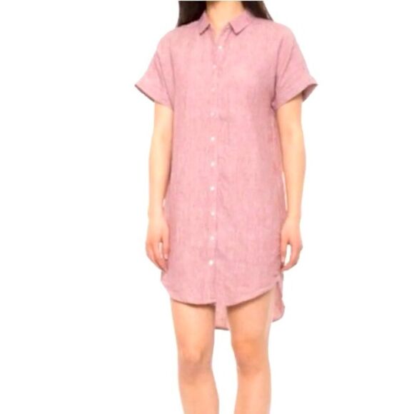 Tahari Linen Short Sleeve Button Down High Low Shirt Dress- Salmon - Picture 1 of 9